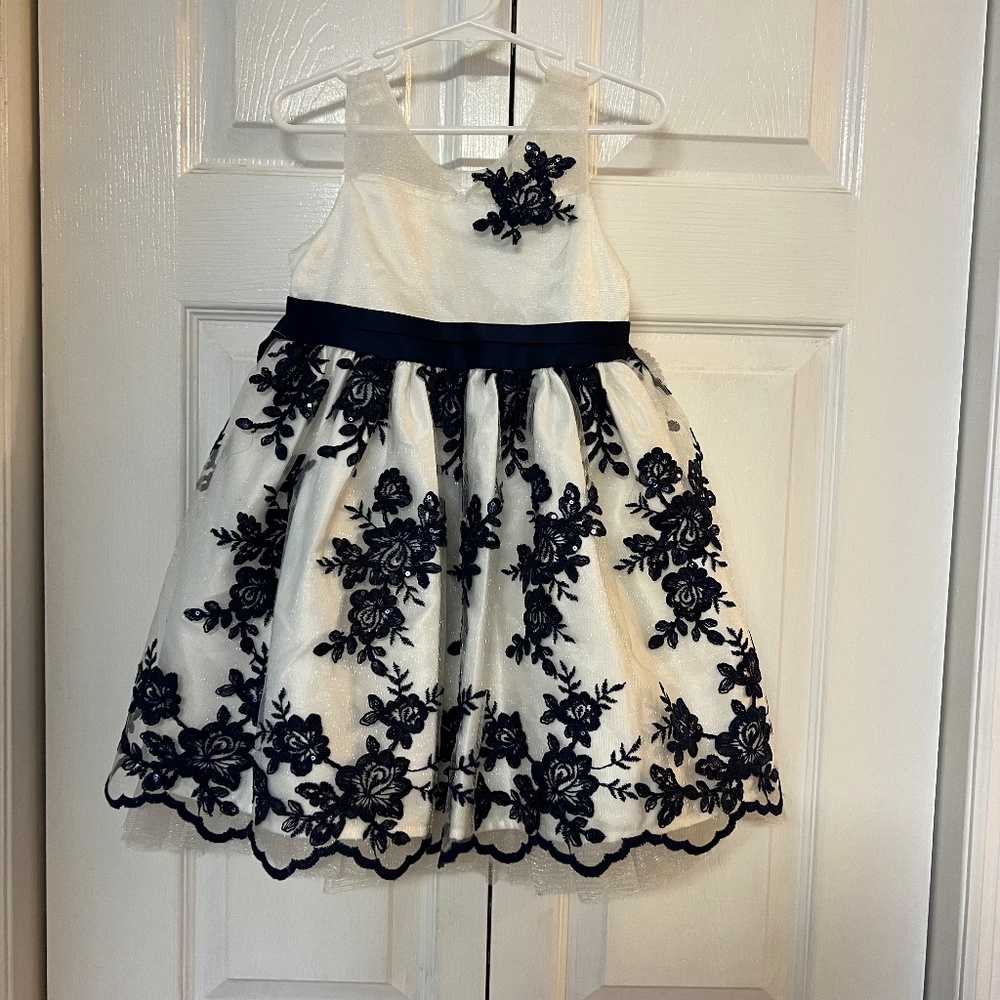 American Princess Girls Formal White Navy Floral Dress NWT
